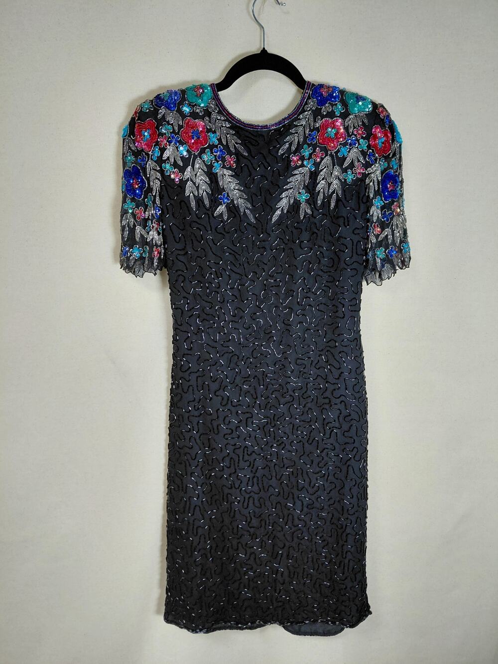 Scala Embellished Floral Dress Black Short Sleeve Crew Neck Size PS